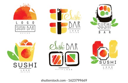 Sushi Bar Logo Original Design Collection, Oriental Japanese Food Badges Watercolor Vector Illustration