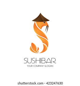 Sushi bar logo template. Shrimp character icon. Design element for asian or seafood restaurant.