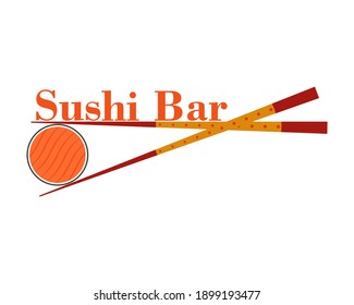 Sushi bar logo. Vector illustration with chopsticks and sushi roll. 