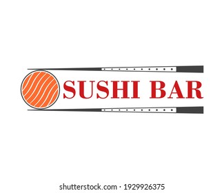 Sushi bar logo. Vector illustration with chopsticks and sushi roll. 