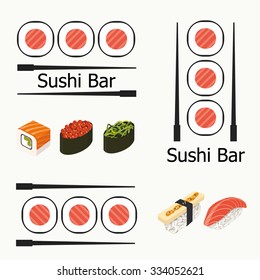 Sushi bar logo and Vector sushi roll isolated. Japanese food. Menu design.
