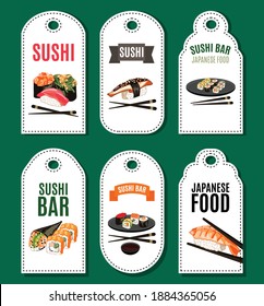 Sushi bar logos set. Japanese food tags with sushi and rolls food. Asian cuisine labels, reastaurant menu design cartoon vector illustration