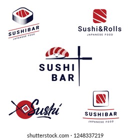 Sushi Bar Logos Templates Set. Vector objects and Icons for Restaurants of Japanese Food and Rolls with salmon Emblems Graphics.