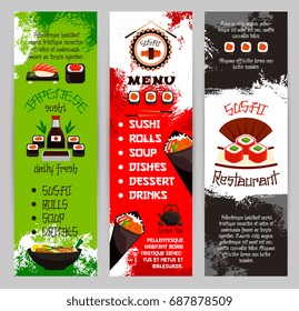 Sushi bar menu banners set for Japanese seafood restaurant cuisine. Vector template of sushi rolls, salmon fish maki or noodle or miso soup and tuna sashimi, tempura shrimp prawn in rice and soy sauce