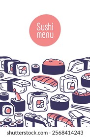 Sushi bar, menu cover design. Traditional Japanese cuisine restaurant, Asian cafe with Japan food, eastern rolls, maki assortment, vertical background, typography card. Flat vector illustration