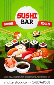 Sushi bar menu cover, Japanese food and Asian seafood restaurant. Vector Japanese sushi and maki rolls with wasabi, soy and bamboo chopsticks, eel unagi maki gunkan roll in nori and shrimp sushi