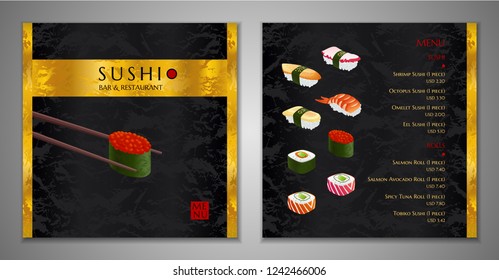 Sushi bar Menu design. Japanese restaurant Menu template with salmon classic sushi roll, shrimp, octopus vector on black, gold textured background. Elegant royal cover useful for Cafe Menu, brochure