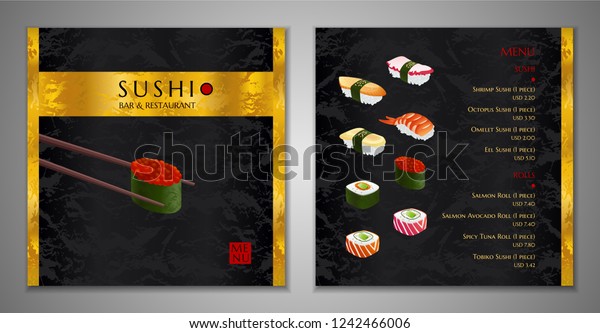 Sushi bar Menu design. Japanese restaurant Menu\
template with salmon classic sushi roll, shrimp, octopus vector on\
black, gold textured background. Elegant royal cover useful for\
Cafe Menu, brochure