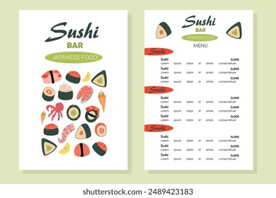 Sushi bar menu is Japanese in Japanese style. Template, vector illustration. Sushi bar, cafe, restaurant vector design. Isolated vector illustration of sushi roll with salmon, red caviar.