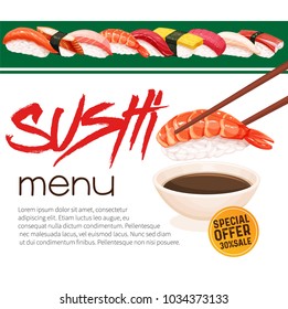 Sushi bar munu. Japanese food promo poster for sushi rolls shop. Vector illustration.