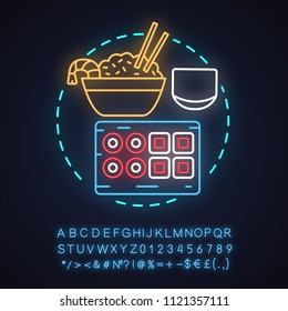 Sushi bar neon light concept icon. Japanese and Chinese cuisine restaurant idea. Wok cafe. Fried rice with shrimp, sushi. Glowing sign with alphabet, numbers and symbols. Vector isolated illustration