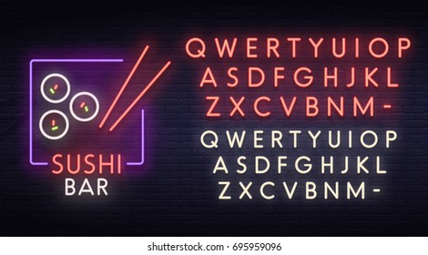 Sushi bar neon sign, bright signboard, light banner.  Logo, emblem. Neon sign creator. Neon text edit