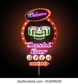 Sushi bar neon sign. Vector illustration