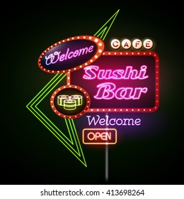 Sushi bar neon sign. Vector illustration