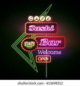 Sushi bar neon sign. Vector illustration