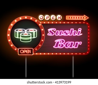 Sushi bar neon sign. Vector illustration