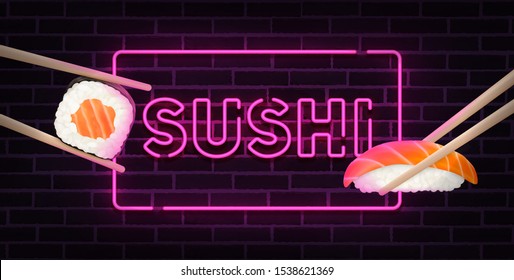 Sushi Bar neon sing. Sushi banner, logo, emblem and label. Bright signboard, light banner.  Vector illustration.