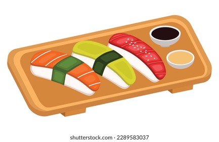 Sushi bar on wooden plate with tuna, salmon, avocado, and sesame