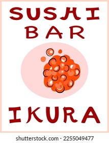 Afiche del bar de sushi, pancarta de comida japonesa auténtica. El salmón como ingrediente de la cocina asiática.

