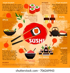 Sushi bar poster or menu template for Japanese seafood restaurant. Vector sushi rolls with tempura shrimp or prawn, salmon caviar sashimi and green tea, steamed rice and nori seaweed or tuna noodles