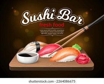 Sushi bar poster. Realistic sushi, japanese traditional food, boiled rice and fresh fish, nori seaweed, salmon and tuna, 3d isolated elements, marketing banner, utter vector concept