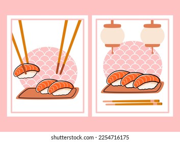 Sushi bar poster. Salmon nigiri roll set with chopsticks. Vector illustration in rose and white colour.
