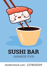 Sushi bar poster template with cute smiling sashimi and soy sauce - cartoon vector illustration. Chopstick holding kawaii sashimi with rice and shrimp. Traditional Japanese cuisine.