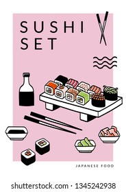 Sushi bar poster. Vector food japanese illustration. Сover menu template