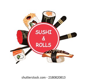 Sushi bar promotional banner. Asian cuisine restaurant menu design with traditional Japanese seafood dishes flat vector illustration flat vector illustration