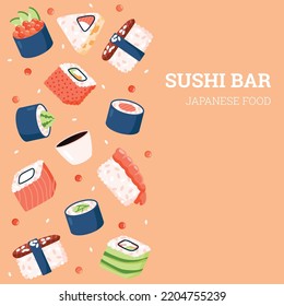 Barra de sushi, banner de restaurante o plantilla de afiche con piezas de sushi en el borde lateral de la composición vector plano. Afiche de un café japonés o burla de carteles.