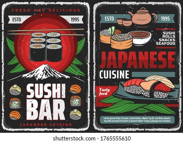 Sushi bar rolls, Japanese food Asian restaurant vector menu of fish and seafood. Japanese sushi bar traditional sushi and bento lunch of Philadelphia salmon and tuna rolls, rice and miso soup