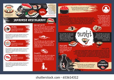 Sushi bar and seafood restaurant of japanese cuisine poster. Roll and nigiri sushi with salmon, tuna and shrimp, noodle soup, prawn tempura and sake menu template for asian cuisine restaurant design