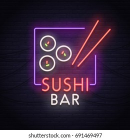 Sushi bar sign, bright signboard, light banner. Sushi logo, emblem
