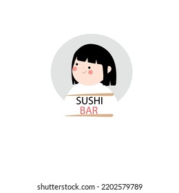 Sushi bar sign and a girl in white.  Advertising for restaurants, cafes, signs, billbords, shop, decoration, prints on clothes, bars.