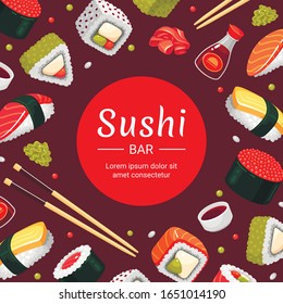 Plantilla de banner cuadrado del bar Sushi decorada con rollos, sashimi, palillos, salsa de soja, wasabi. Moderna ilustración vectorial para la publicidad tradicional de restaurantes japoneses, promociones de servicio de entrega de comida.