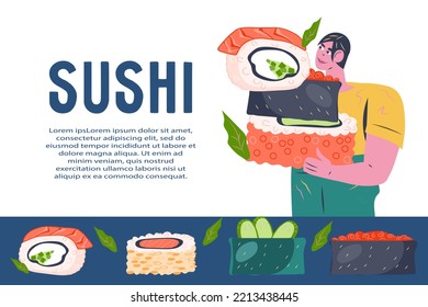 Sushi bar or take away Japanese restaurant banner backdrop with man carrying pile of sushi rolls, flat vector illustration. Japanese cuisine and seafood banner or poster template.