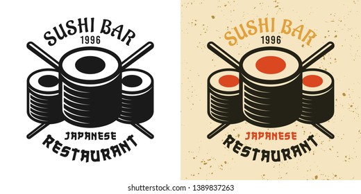 Sushi bar two style black and colored vintage badge, emblem, label or logo vector illustration