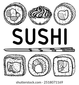 Sushi bar. Vetor mão desenhada japonês comida esboço Ilustração. Sushi, wasabi e bastões de sushi. Estilo retrô. Ilustração Vintage