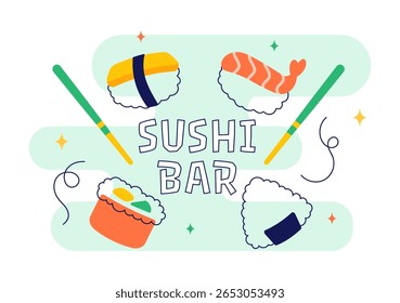 Ilustración vectorial de bar de sushi con comida asiática japonesa o restaurante con sashimi y arroz servido con salsa de soja y wasabi en un fondo plano
