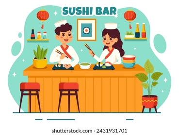 Sushi Bar Vector Illustration of Japan Asian Food or Restaurant of Sashimi and Rice for Eating with Soy Sauce and Wasabi in Flat Cartoon Background