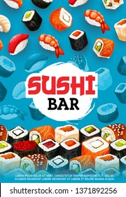 Sushi bar vector menu of japanese food. Nigiri, philadelphia and california rolls with rice, salmon fish and shrimp, seafood hosomaki, caviar gunkan, uramaki, maki and futomaki with tuna and avocado