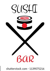 Sushi bar,restaurant,cafe logo for business,company,firm,delivery. Modern flat cartoon style vector illustration icon. Isolated on white background. Japanese food sushi logo with roll,stick,hashi.