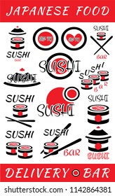 Sushi bar,restaurant,cafe logo for business,company,firm,delivery. Modern flat cartoon style vector illustration icons. Isolated on white background. Sushi,roll, japanese food logo in red,black,white.