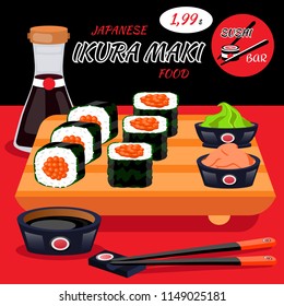 Sushi bar,restaurant,delivery menu flyer. Sushi bar set with soy,wasabi,chopsticks. Ikura roll,plate for sushi. Ikura roll menu. Modern vector flat cartoon illustration.Japanese food set with price