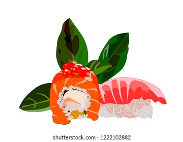 Sushi with a basil leaf on the background