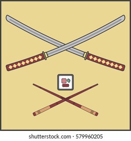 sushi beater, samurai swords and Chinese sticks, katana, ninjia,sea snack, Asian delicacy, Japanese cuisine, vector image, flat design,
