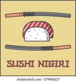 sushi beater, samurai swords, katana, ninjia,sea snack, Asian delicacy, Japanese cuisine, vector image, flat design,