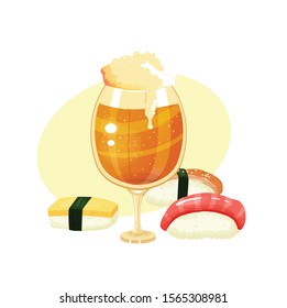 sushi with beer in a glass vector illustration