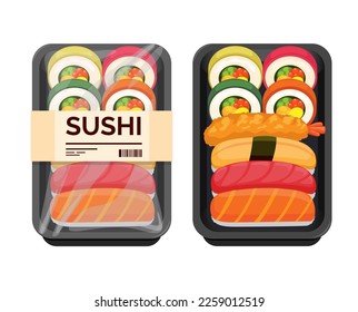 Sushi Bento Japanese Food set rice box packaging cartoon illustration vector