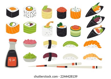 Colección de sushi con rollos de nigiri, soja, jengibre de wasabi y palillos aislados en blanco. Comida asiática popular con arroz y marisco. Ilustración de vectores planos de la cocina japonesa